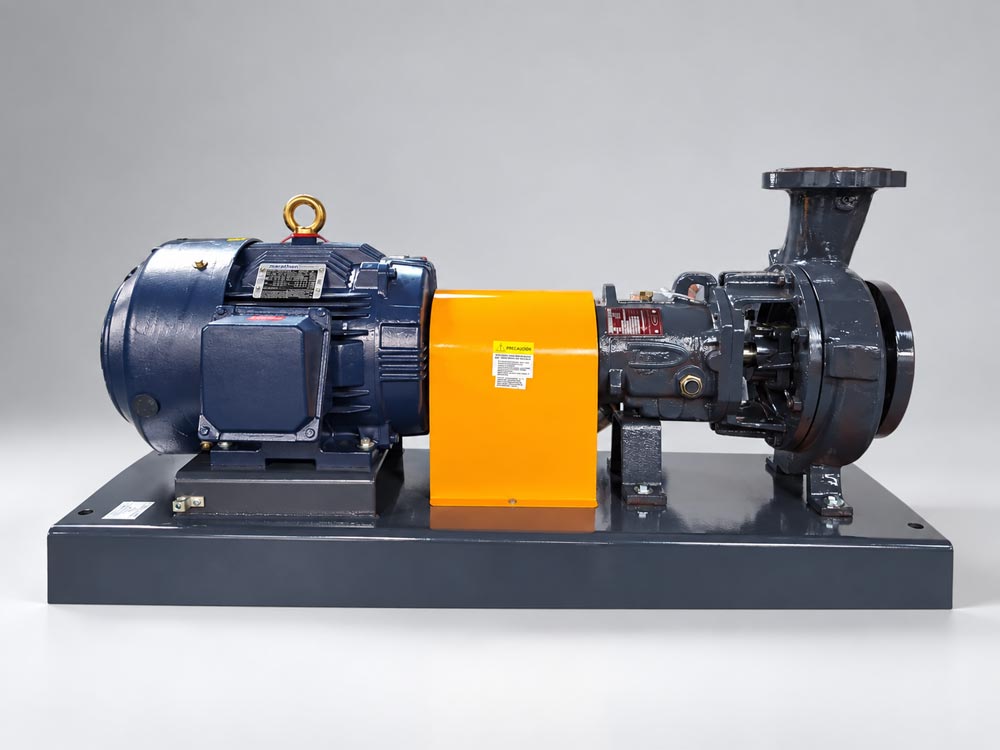 Bomba centrífuga de proceso DPUMPS acoplada a motor eléctrico sobre base metálica